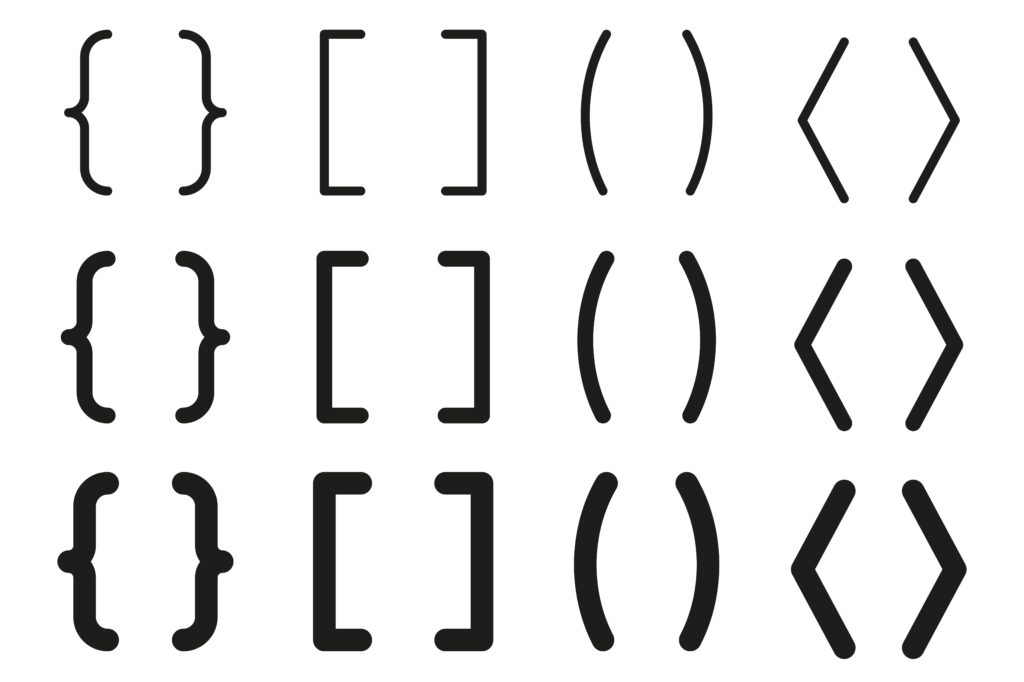 Three rows of brackets. Each row shows a curly bracket, square bracket, round bracket and angle bracket