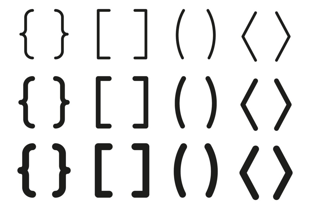 Three rows of brackets. Each row shows a curly bracket, square bracket, round bracket and angle bracket